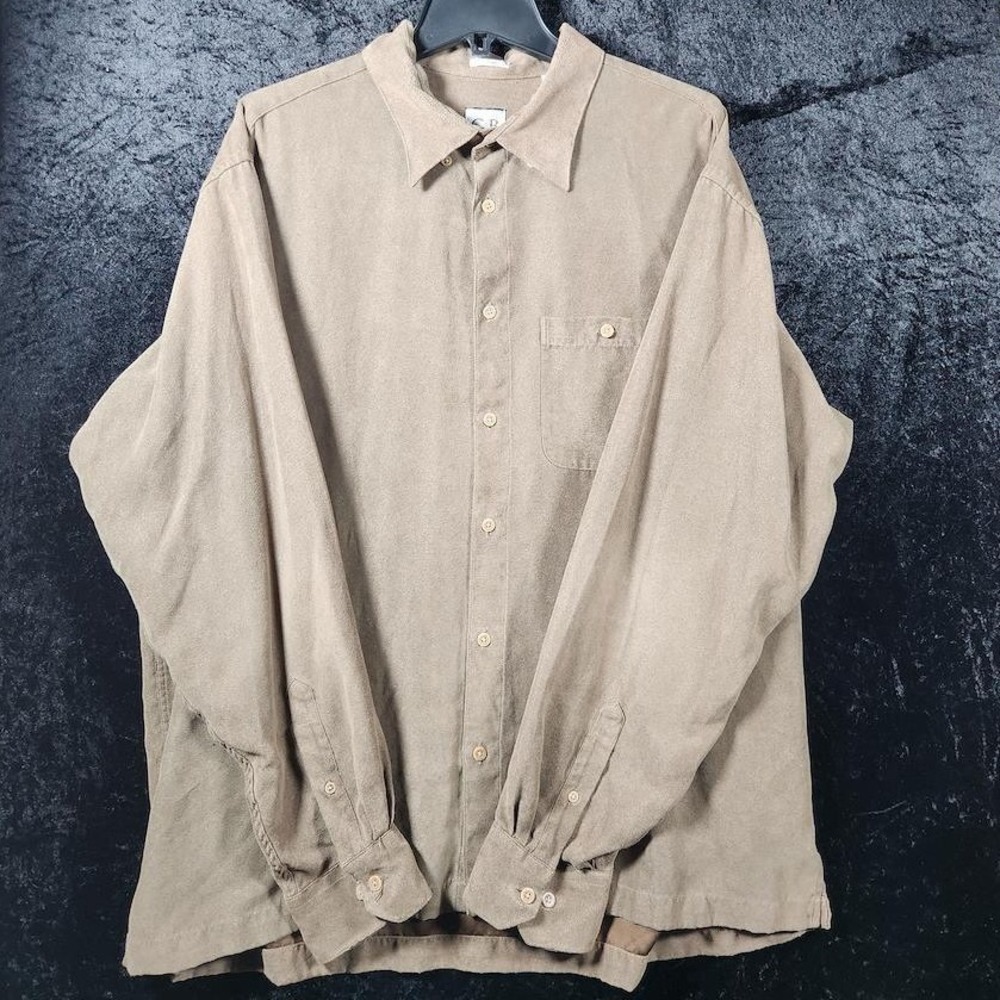 Geoffrey Beene Mens XL Micro Suede Long Sleeve Button Down Shirt Tan Khaki Solid